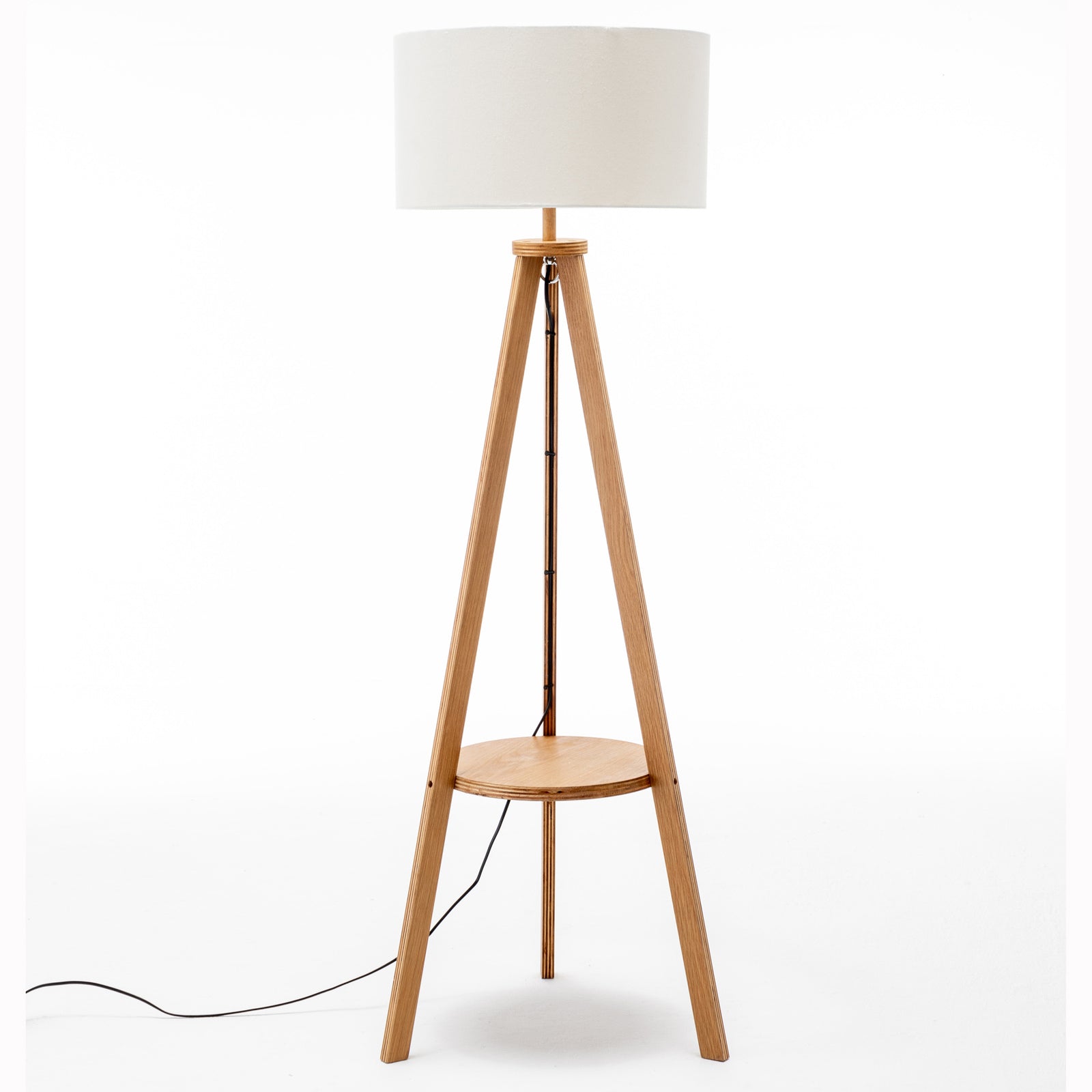 Natural Wooden Tripod Floor Lamp with Shelf